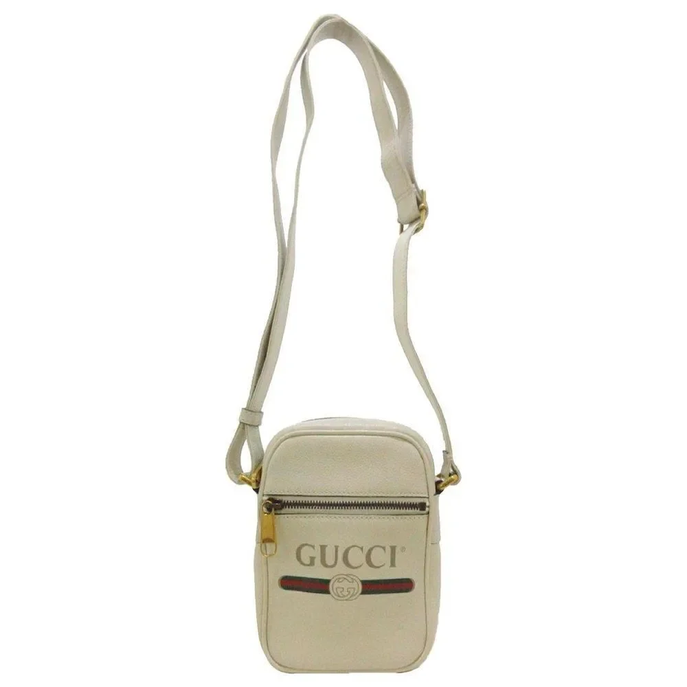 Gucci Men's Authentic White Logo Print Leather Messenger Crossbody Bag